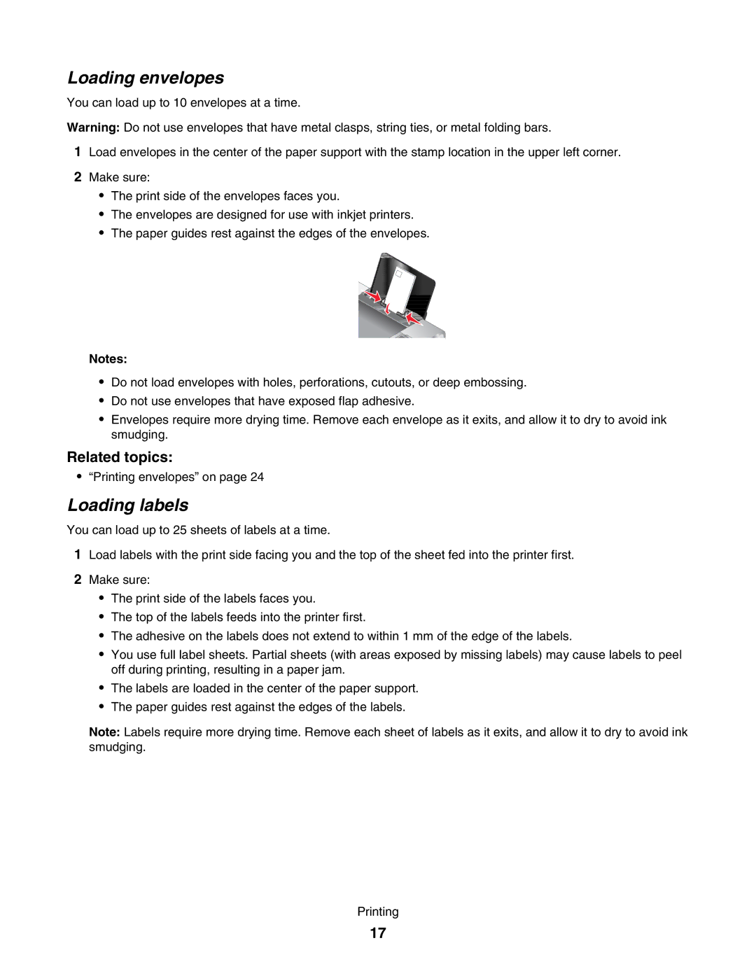 Lexmark 4800 manual Loading envelopes, Loading labels 