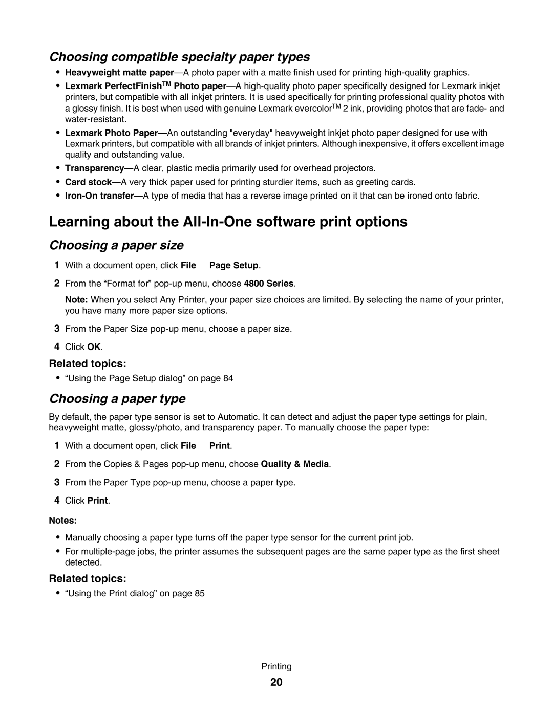 Lexmark 4800 manual Learning about the All-In-One software print options, Choosing compatible specialty paper types 