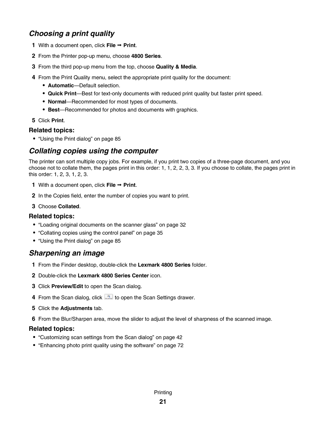 Lexmark 4800 manual Choosing a print quality, Collating copies using the computer, Sharpening an image 