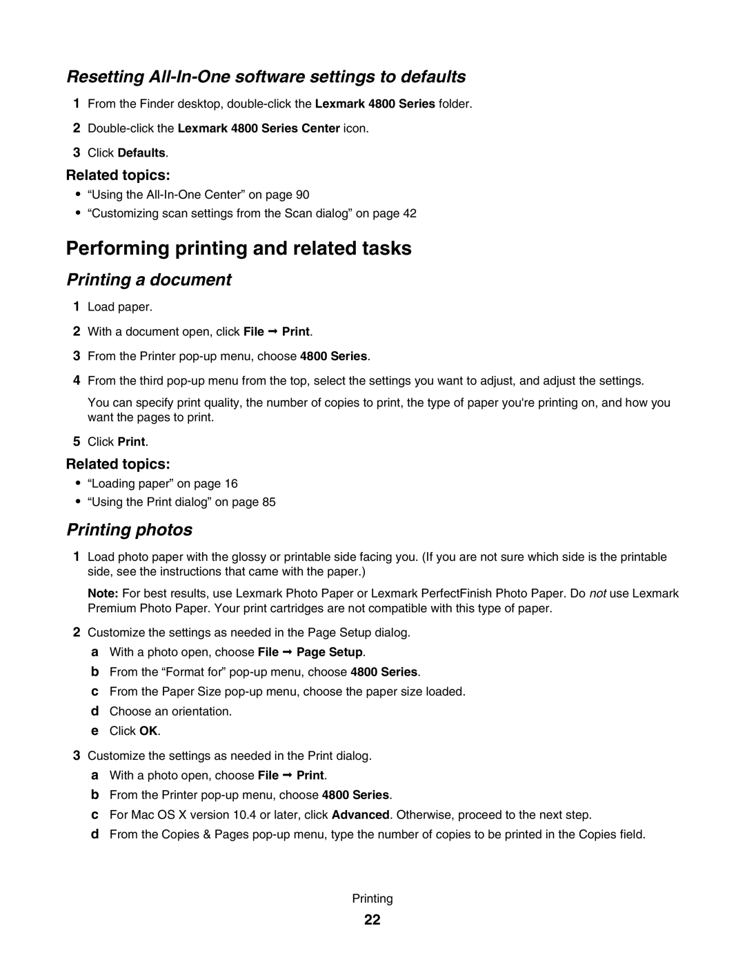 Lexmark 4800 Performing printing and related tasks, Resetting All-In-One software settings to defaults, Printing photos 