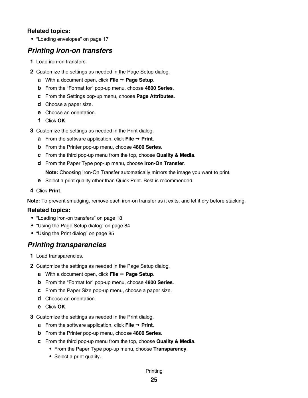 Lexmark 4800 manual Printing iron-on transfers, Printing transparencies 