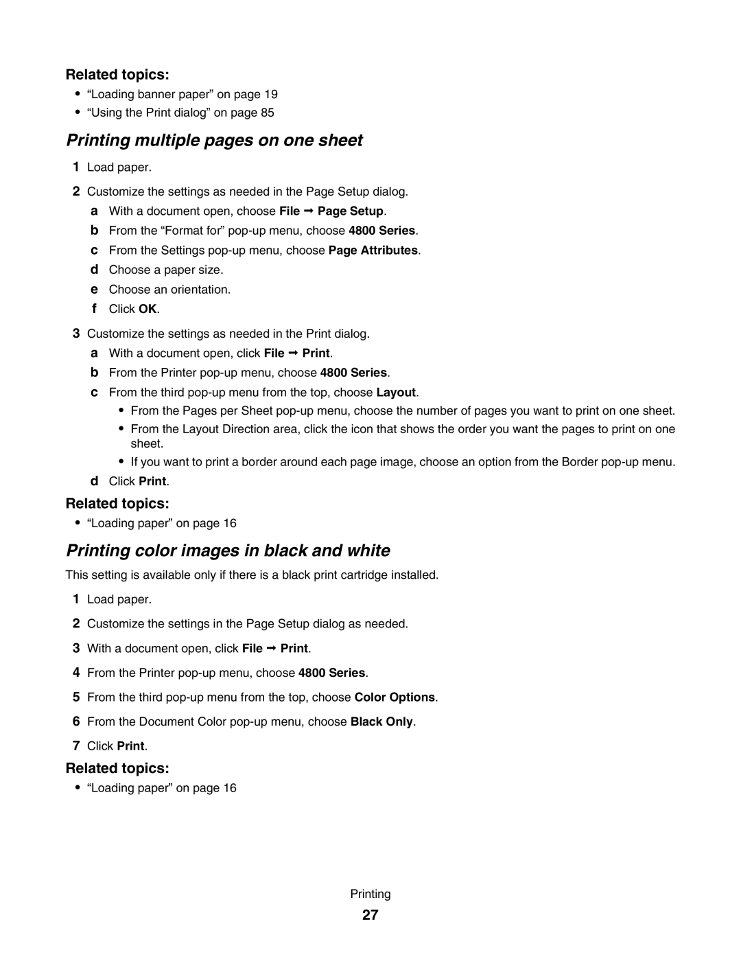 Lexmark 4800 manual Printing multiple pages on one sheet, Printing color images in black and white 