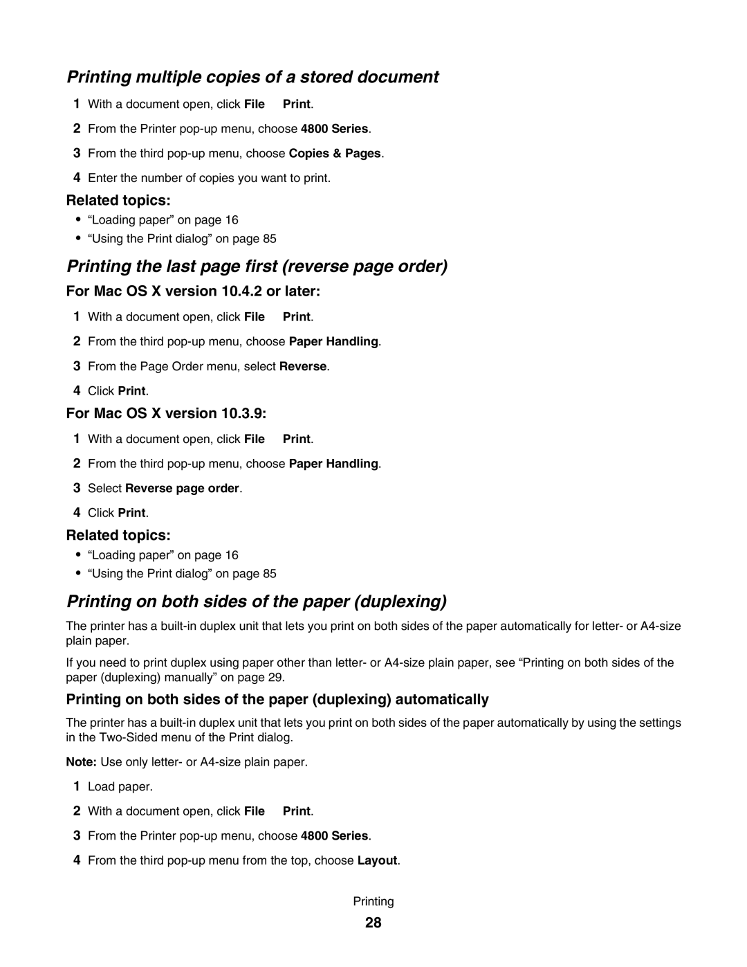 Lexmark 4800 manual Printing multiple copies of a stored document, Printing the last page first reverse page order 