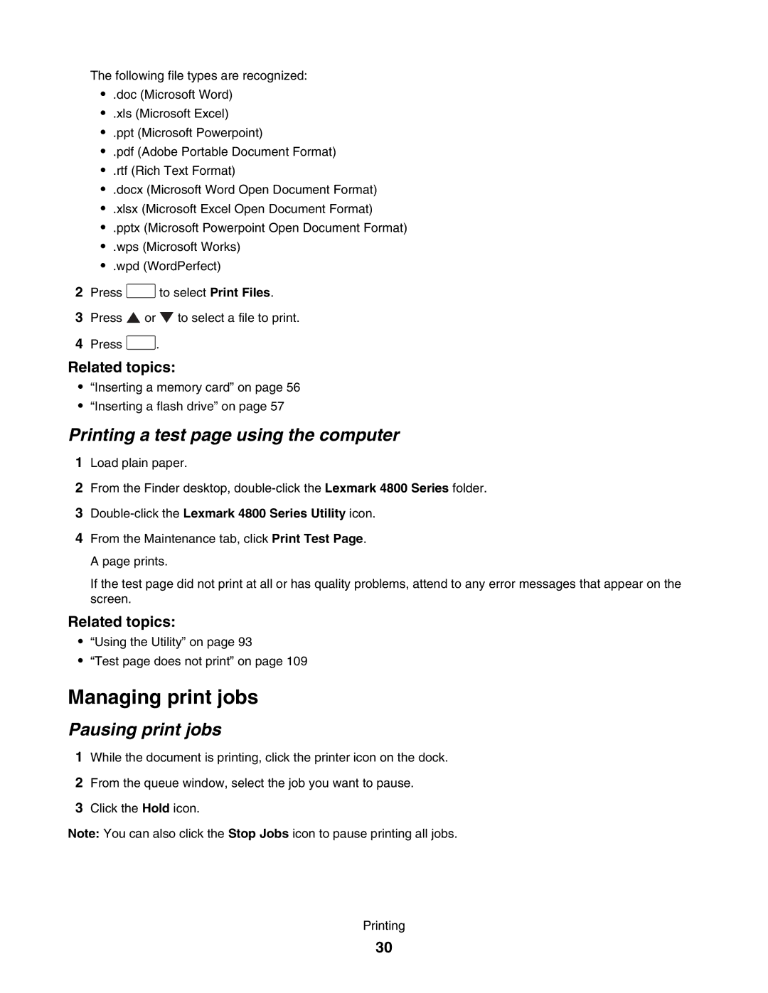 Lexmark 4800 manual Managing print jobs, Printing a test page using the computer, Pausing print jobs 