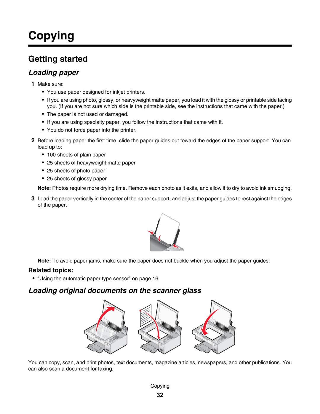 Lexmark 4800 manual Copying, Loading original documents on the scanner glass 