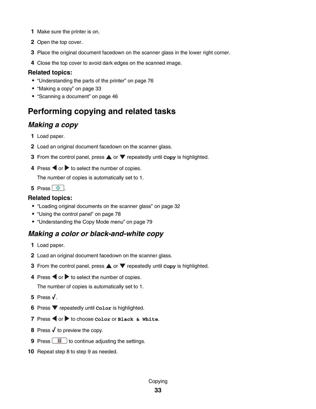 Lexmark 4800 manual Performing copying and related tasks, Making a copy, Making a color or black-and-white copy 