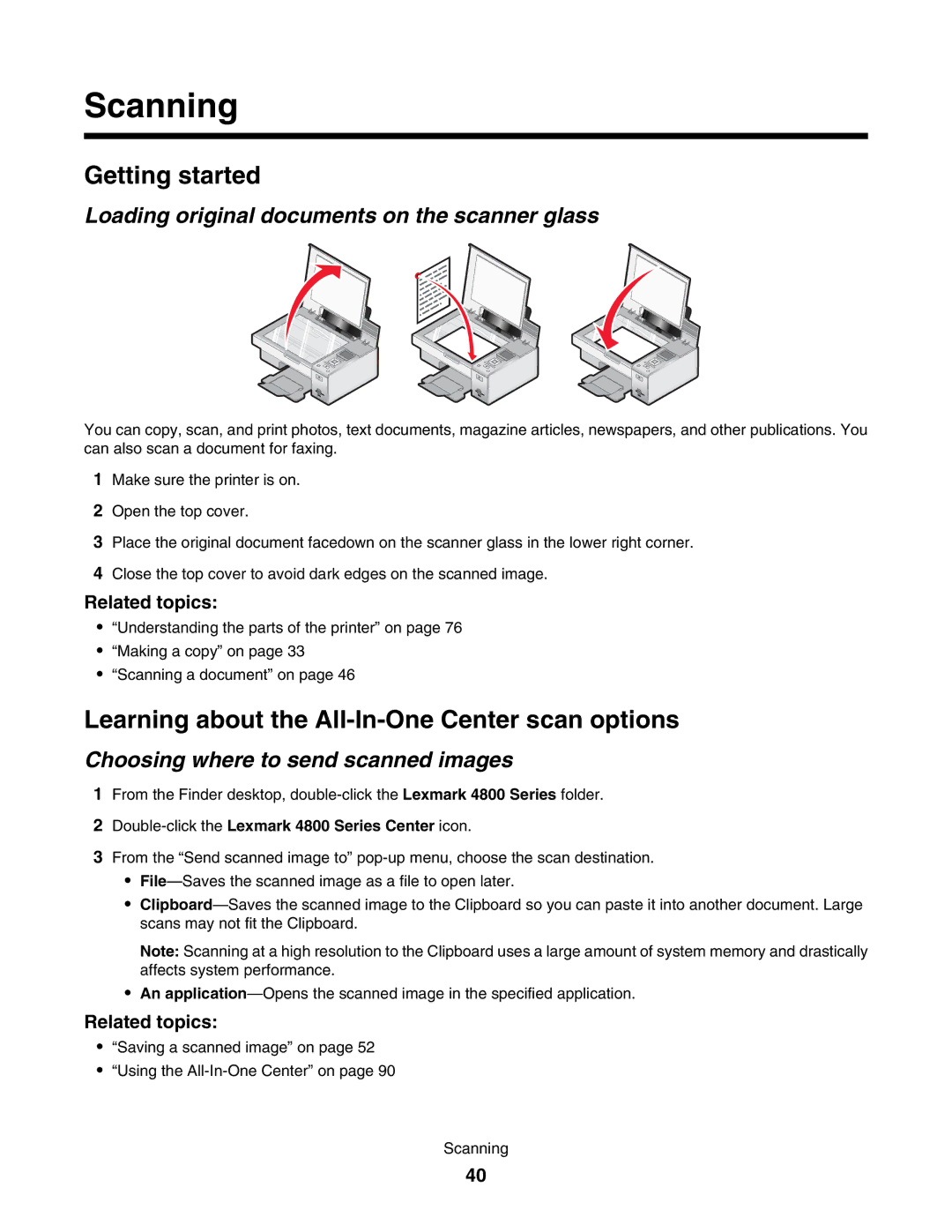 Lexmark 4800 manual Learning about the All-In-One Center scan options, Choosing where to send scanned images 