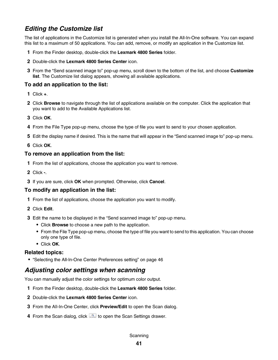 Lexmark 4800 manual Editing the Customize list, Adjusting color settings when scanning, To add an application to the list 