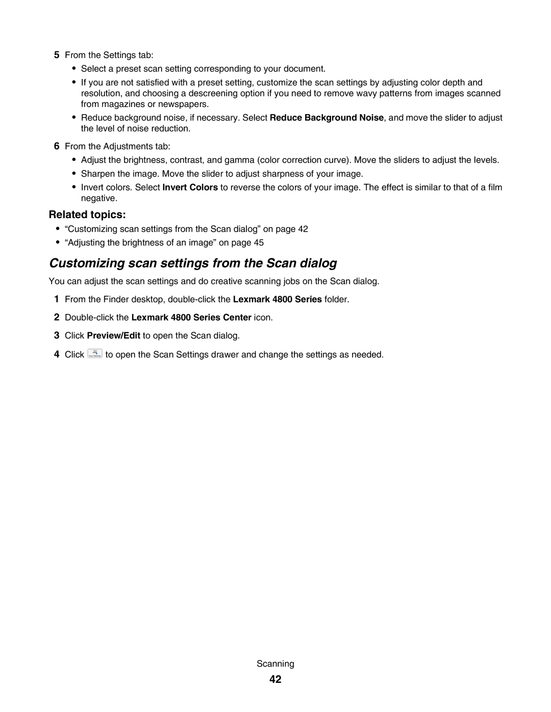 Lexmark 4800 manual Customizing scan settings from the Scan dialog 