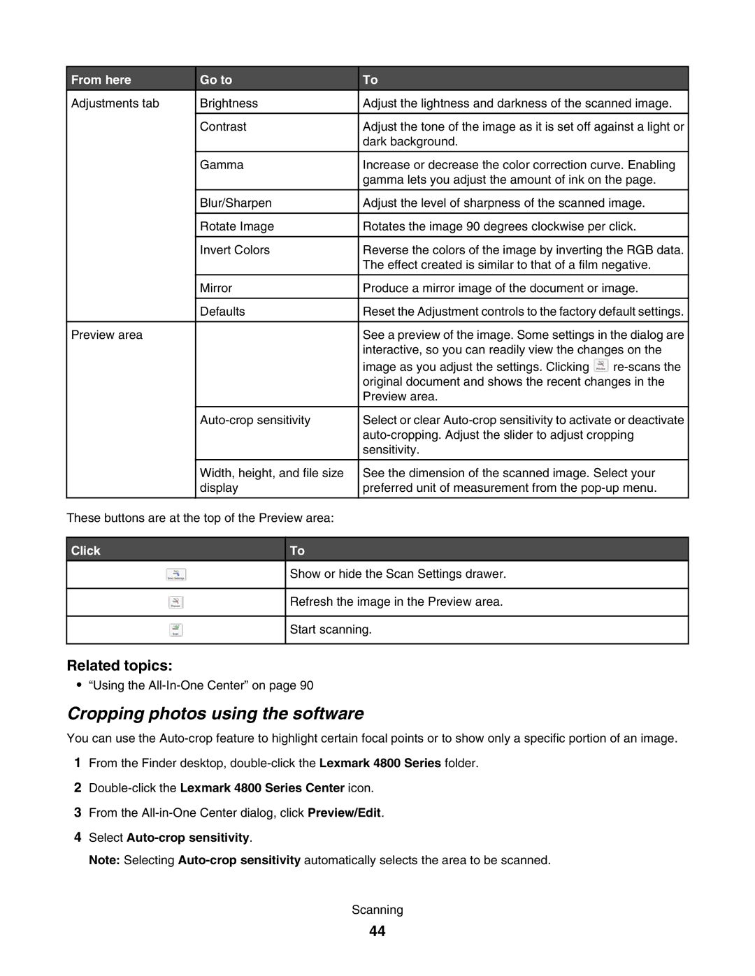 Lexmark 4800 manual Cropping photos using the software, Click, Select Auto-crop sensitivity 