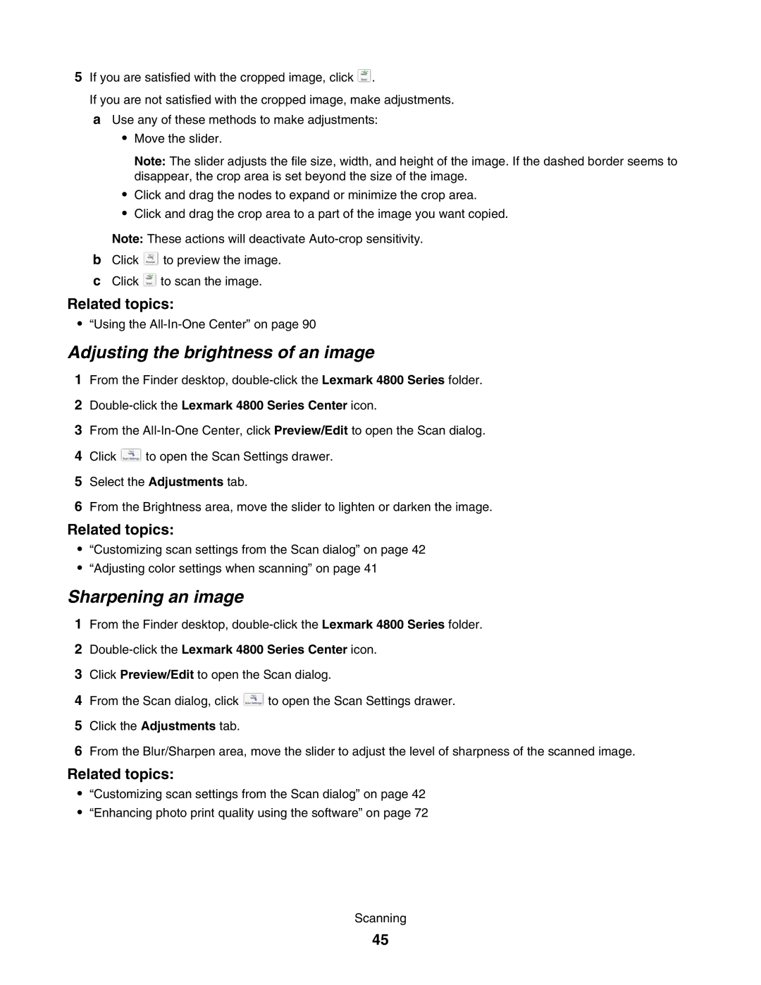 Lexmark 4800 manual Adjusting the brightness of an image, Sharpening an image 