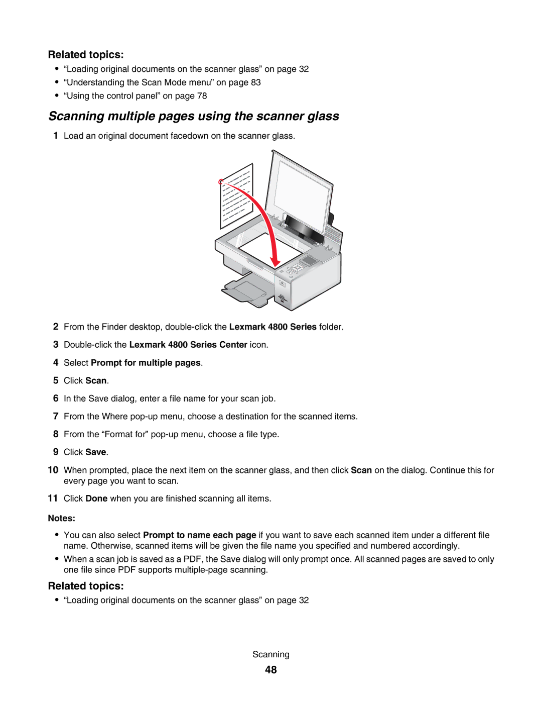 Lexmark 4800 manual Scanning multiple pages using the scanner glass 