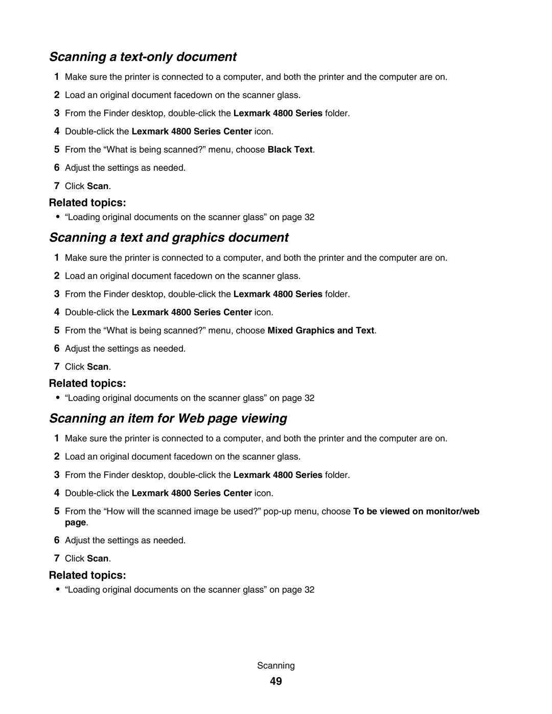Lexmark 4800 Scanning a text-only document, Scanning a text and graphics document, Scanning an item for Web page viewing 