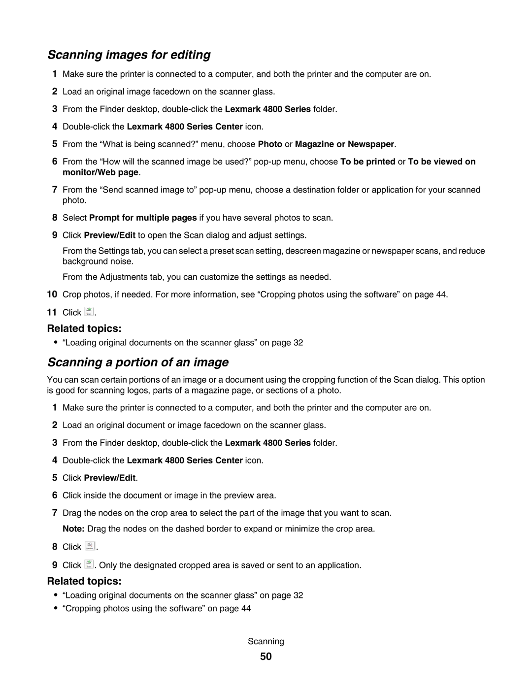 Lexmark 4800 manual Scanning images for editing, Scanning a portion of an image 