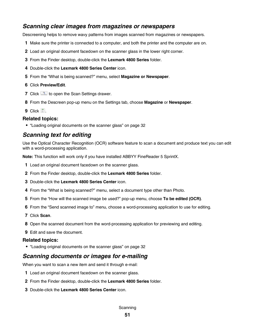 Lexmark 4800 manual Scanning clear images from magazines or newspapers, Scanning text for editing 