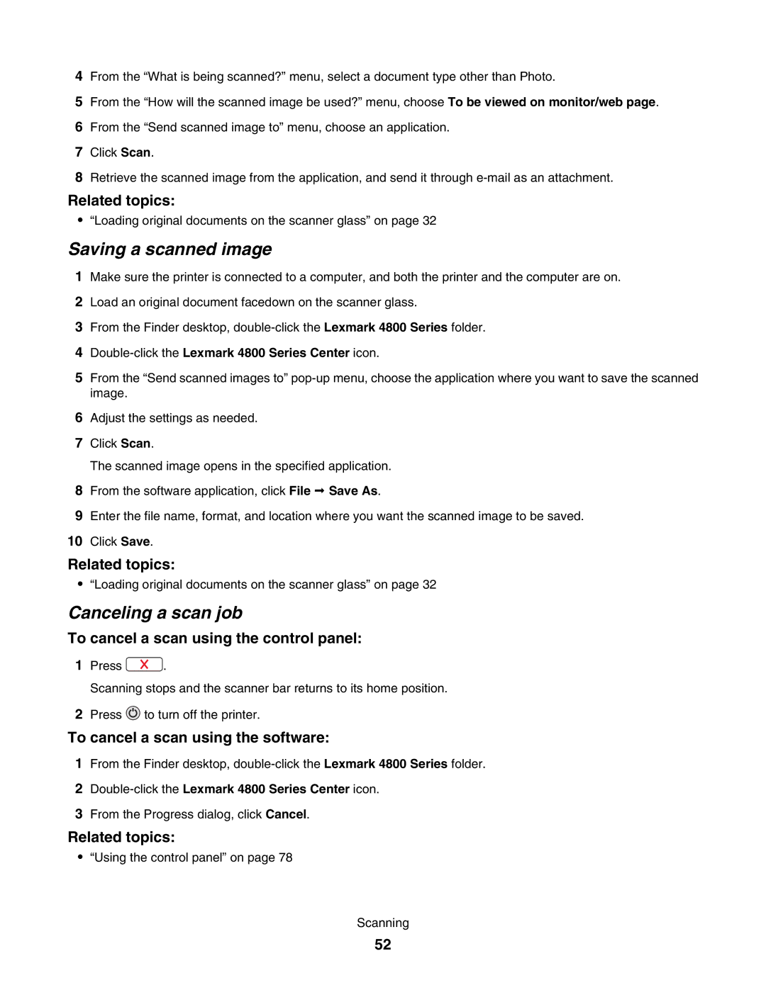 Lexmark 4800 manual Saving a scanned image, Canceling a scan job, To cancel a scan using the control panel 