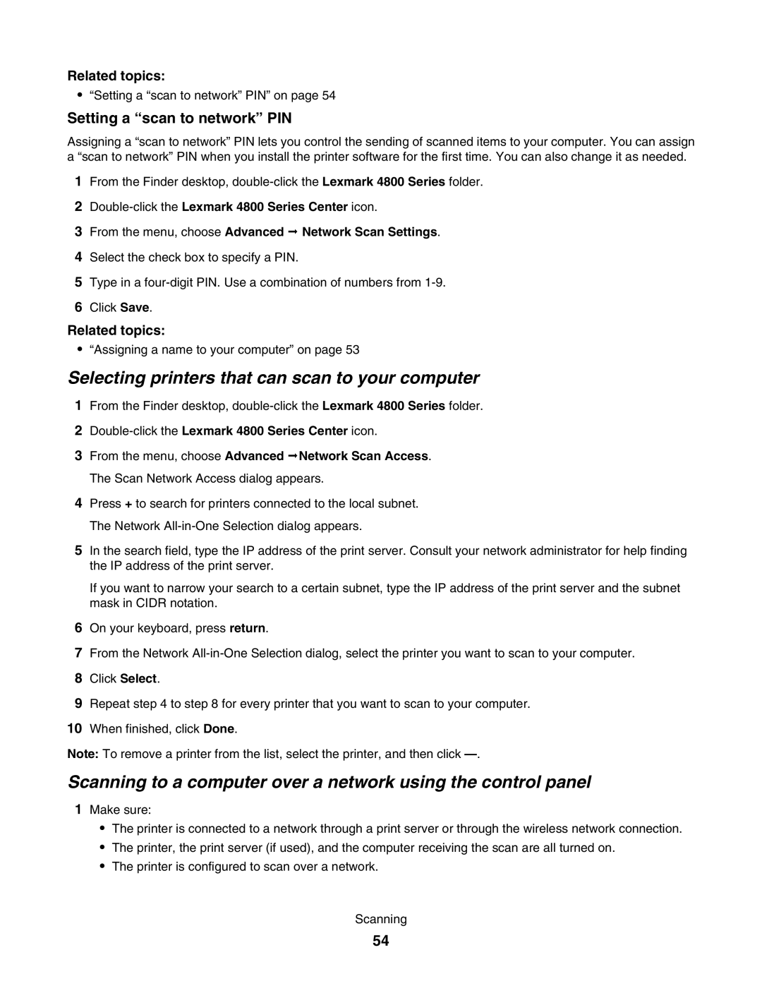 Lexmark 4800 manual Selecting printers that can scan to your computer, Setting a scan to network PIN 