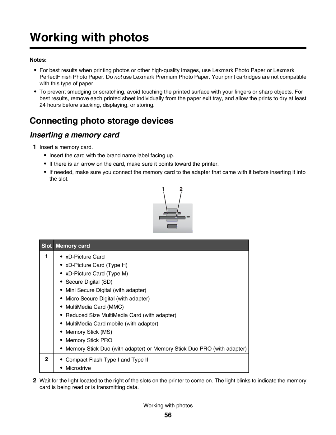 Lexmark 4800 manual Connecting photo storage devices, Inserting a memory card, Slot Memory card 