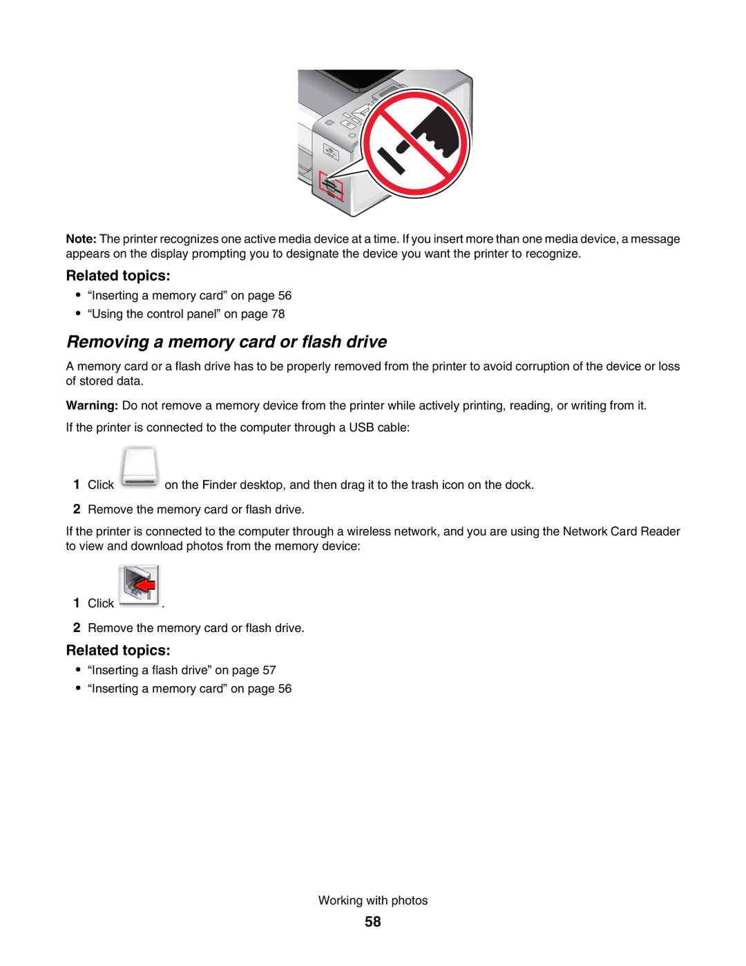 Lexmark 4800 manual Removing a memory card or flash drive 