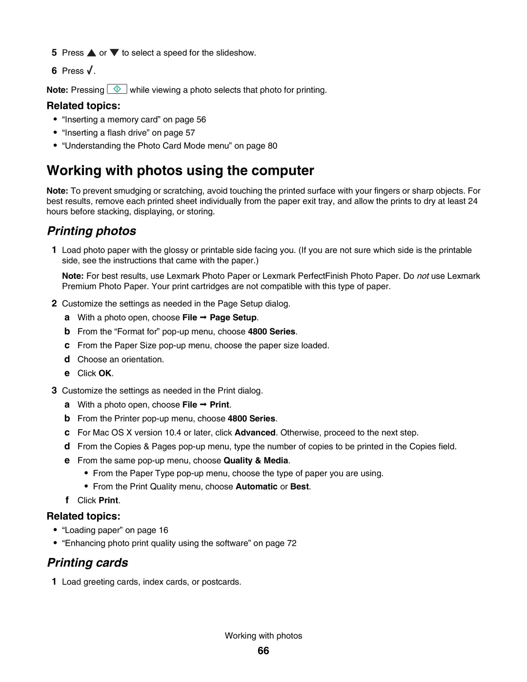 Lexmark 4800 manual Working with photos using the computer, Printing photos 