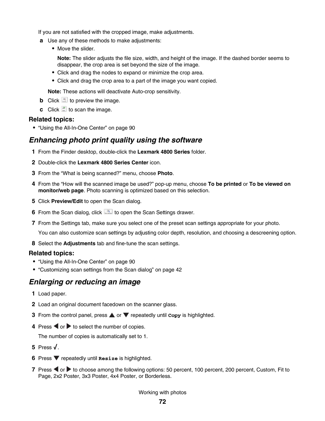 Lexmark 4800 manual Enhancing photo print quality using the software, Enlarging or reducing an image 