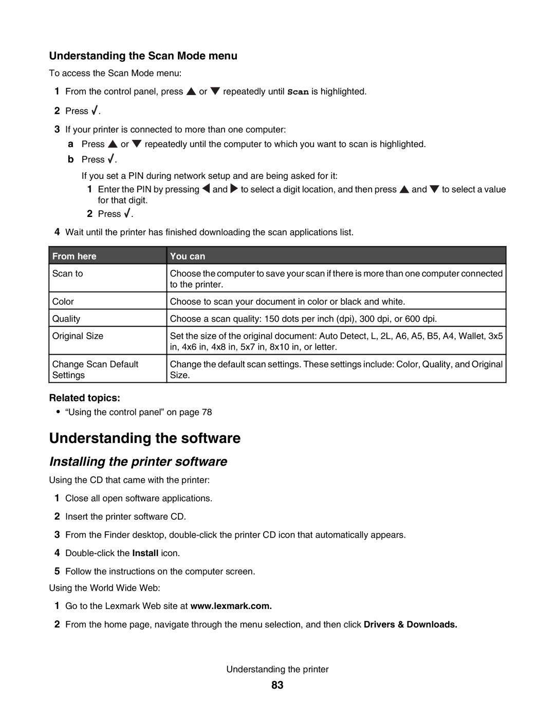 Lexmark 4800 manual Understanding the software, Installing the printer software, Understanding the Scan Mode menu 