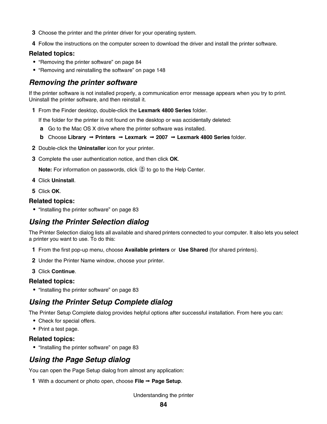 Lexmark 4800 Removing the printer software, Using the Printer Selection dialog, Using the Printer Setup Complete dialog 