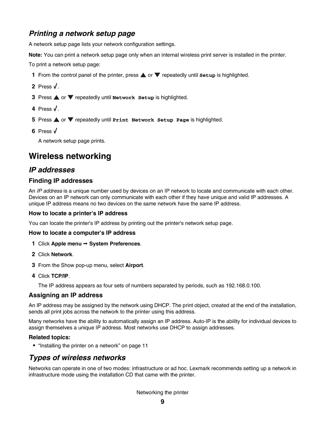 Lexmark 4800 manual Wireless networking, Printing a network setup, IP addresses, Types of wireless networks 