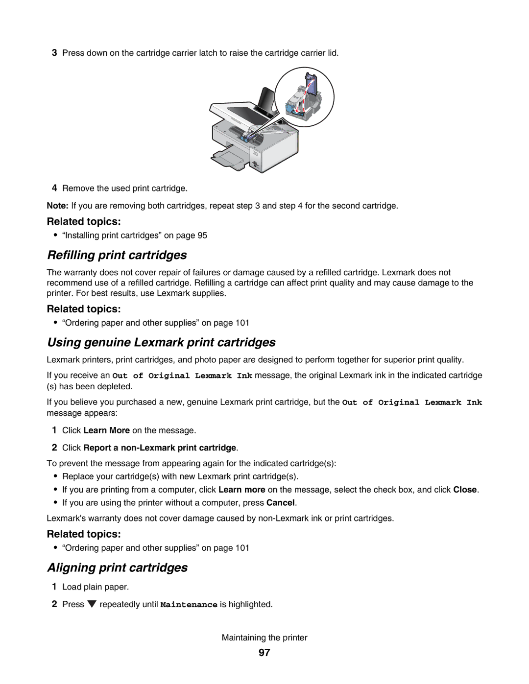 Lexmark 4800 manual Refilling print cartridges, Using genuine Lexmark print cartridges, Aligning print cartridges 