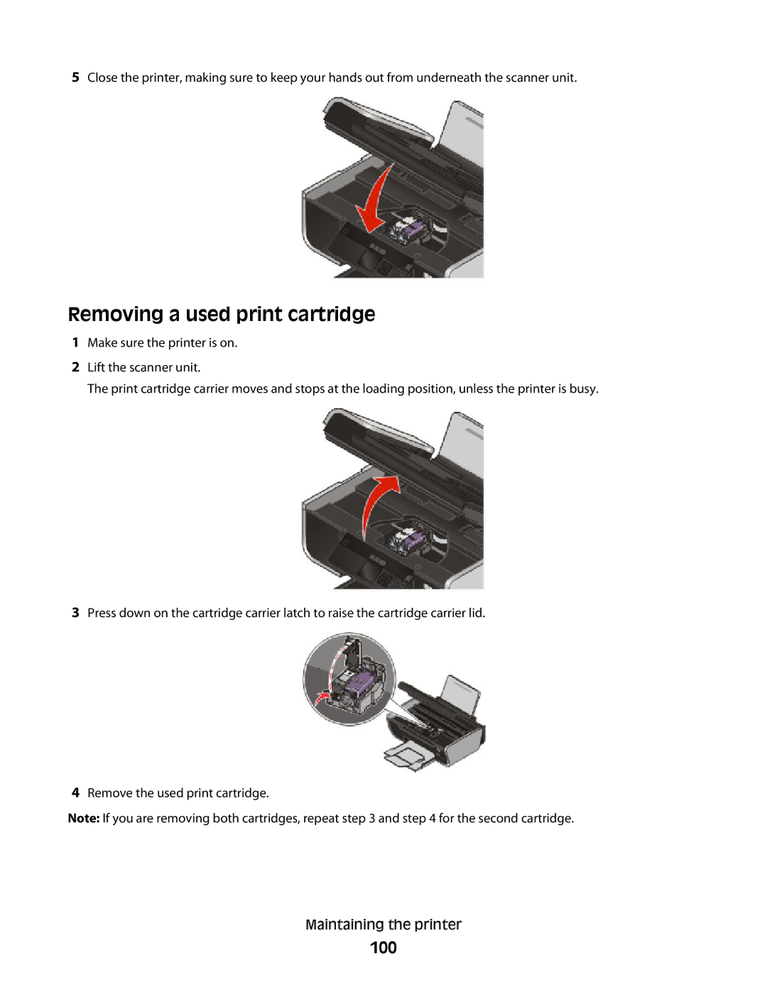 Lexmark 4900 Series manual Removing a used print cartridge, 100 