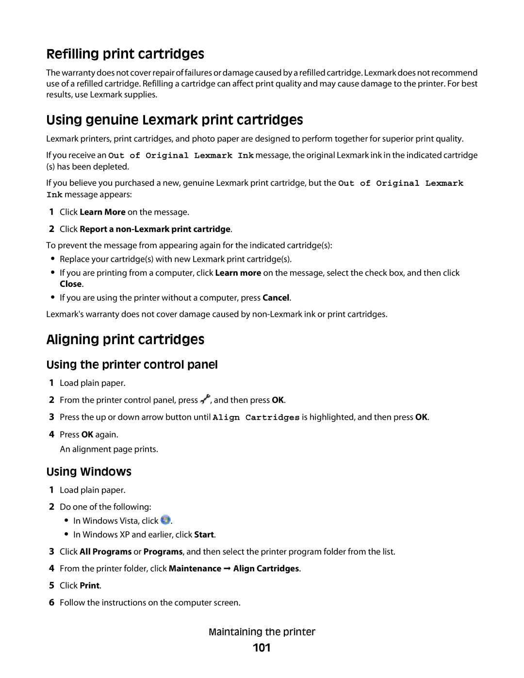 Lexmark 4900 Series Refilling print cartridges, Using genuine Lexmark print cartridges, Aligning print cartridges, 101 