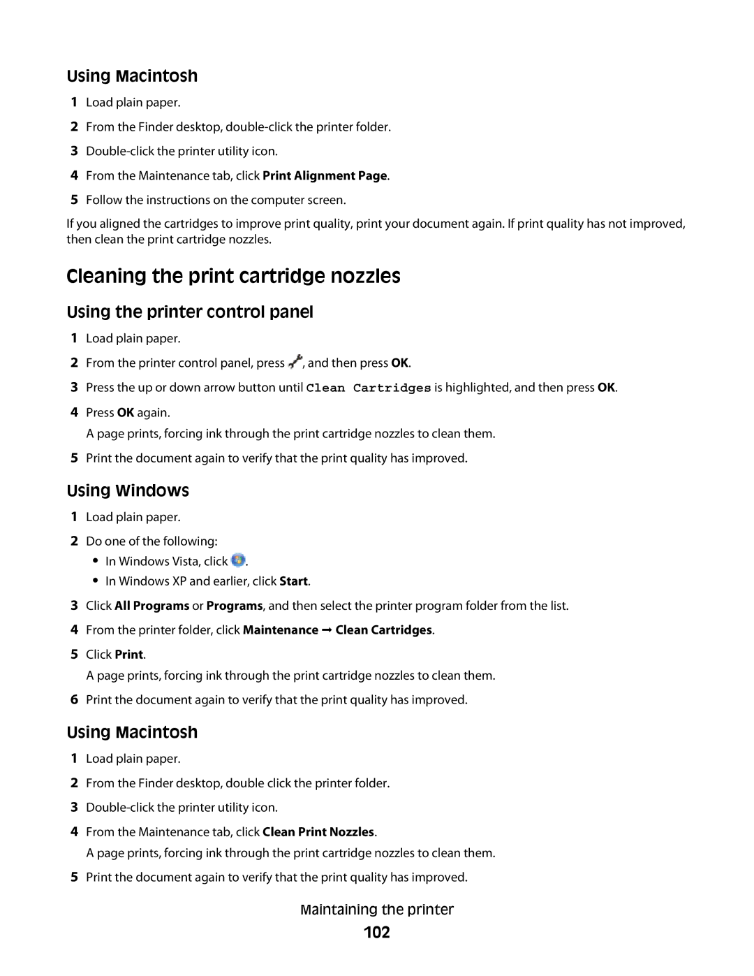 Lexmark 4900 Series manual Cleaning the print cartridge nozzles, 102 