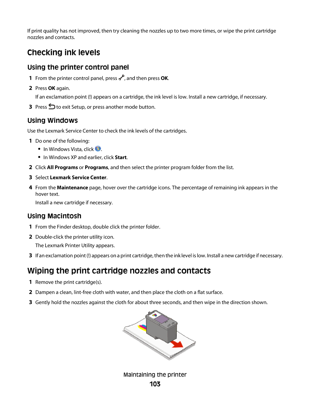 Lexmark 4900 Series manual Checking ink levels, Wiping the print cartridge nozzles and contacts, 103 