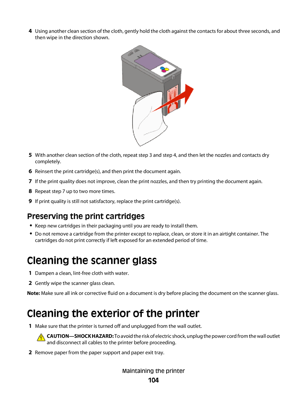 Lexmark 4900 Series Cleaning the scanner glass, Cleaning the exterior of the printer, Preserving the print cartridges, 104 