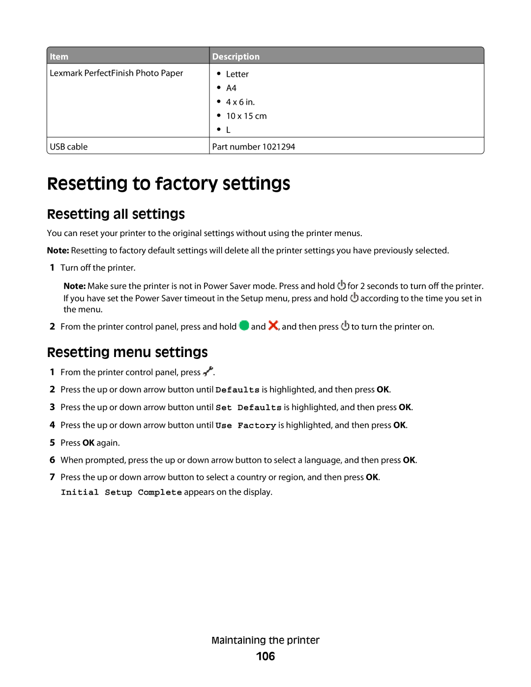 Lexmark 4900 Series manual Resetting to factory settings, Resetting all settings, Resetting menu settings, 106 