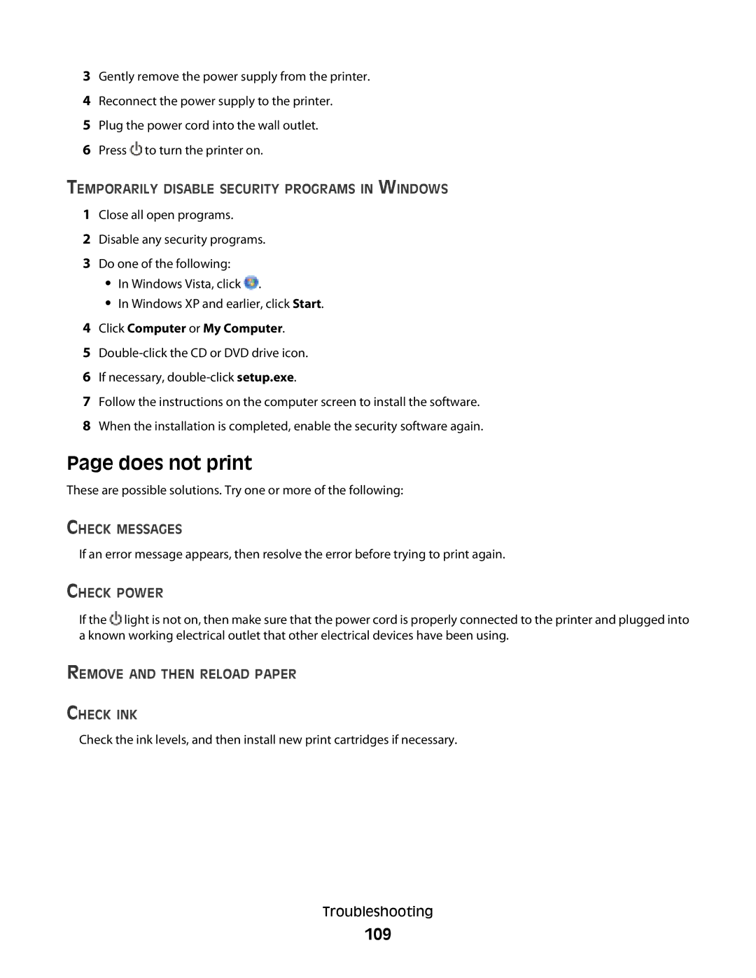 Lexmark 4900 Series manual Does not print, 109 