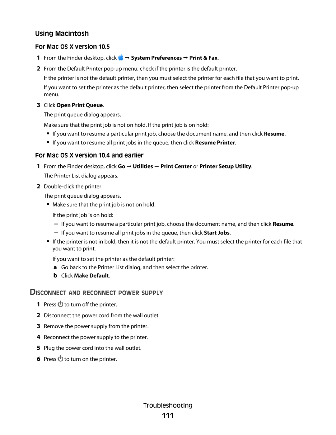 Lexmark 4900 Series manual 111, Using Macintosh, Disconnect and Reconnect Power Supply 