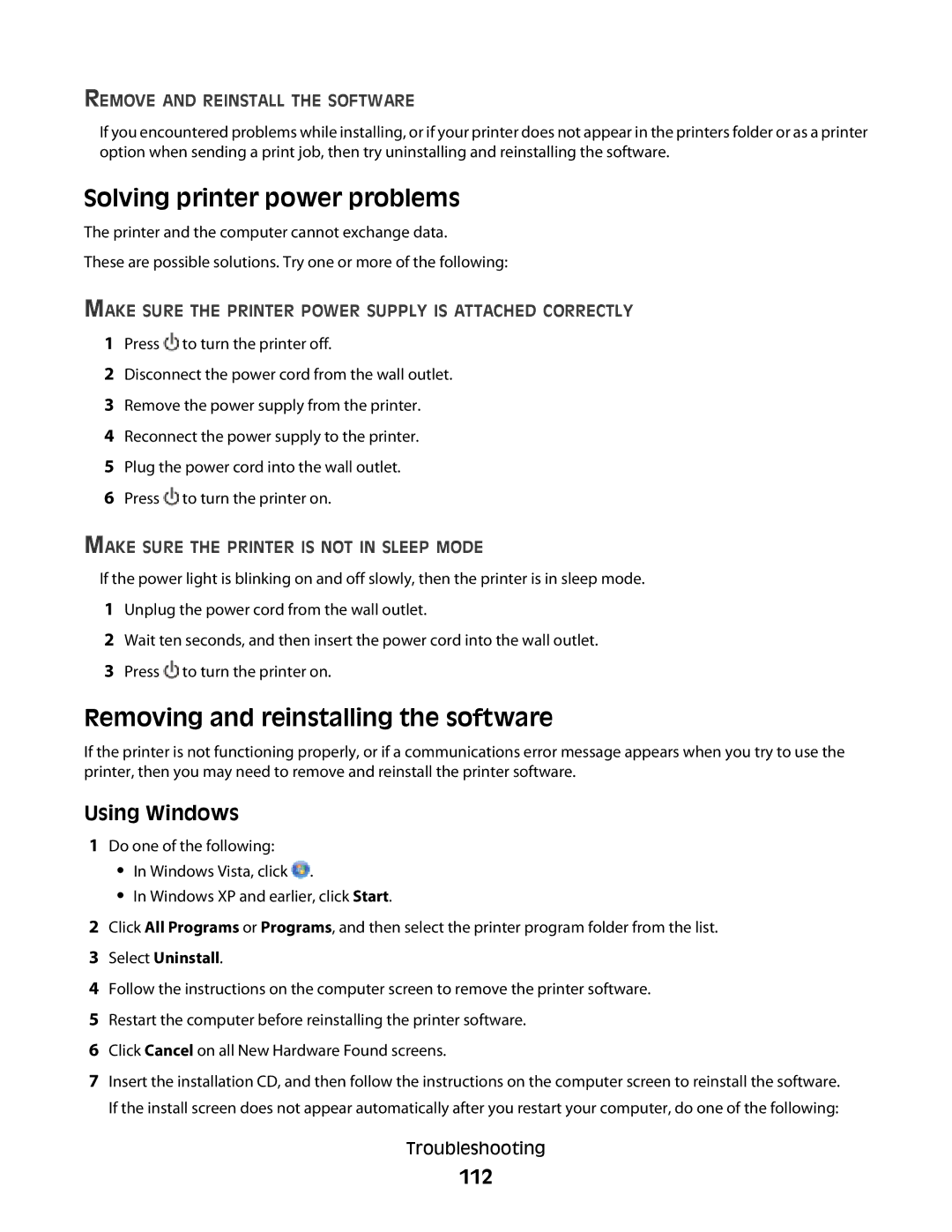 Lexmark 4900 Series manual Solving printer power problems, Removing and reinstalling the software, 112 