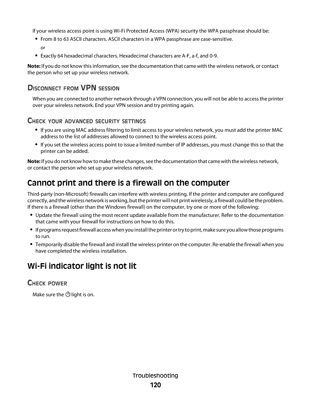 Lexmark 4900 Series manual Cannot print and there is a firewall on the computer, Wi-Fi indicator light is not lit, 120 