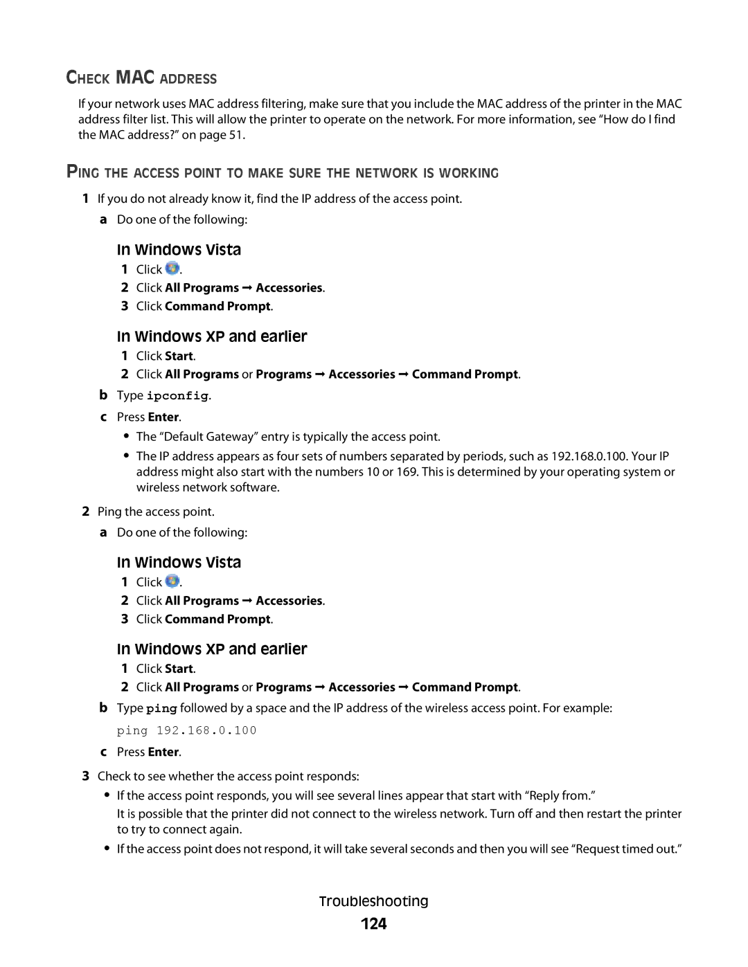 Lexmark 4900 Series manual 124, Check MAC Address, Ping the Access Point to Make Sure the Network is Working 