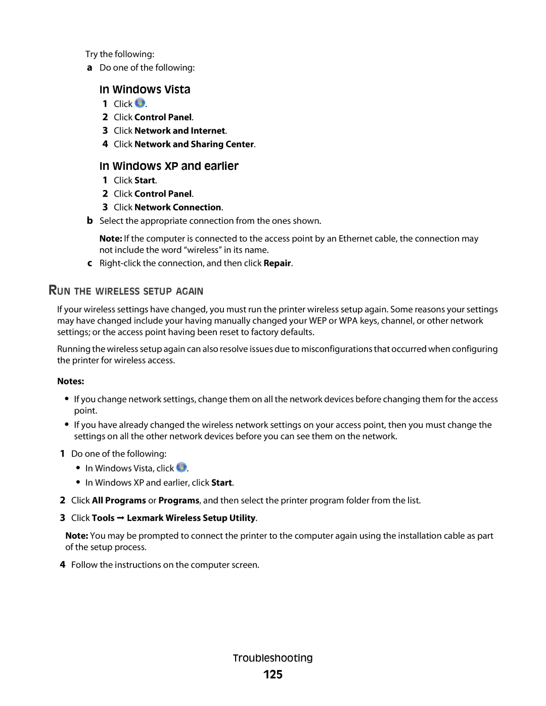 Lexmark 4900 Series manual 125, Click Control Panel Click Network Connection, RUN the Wireless Setup Again 