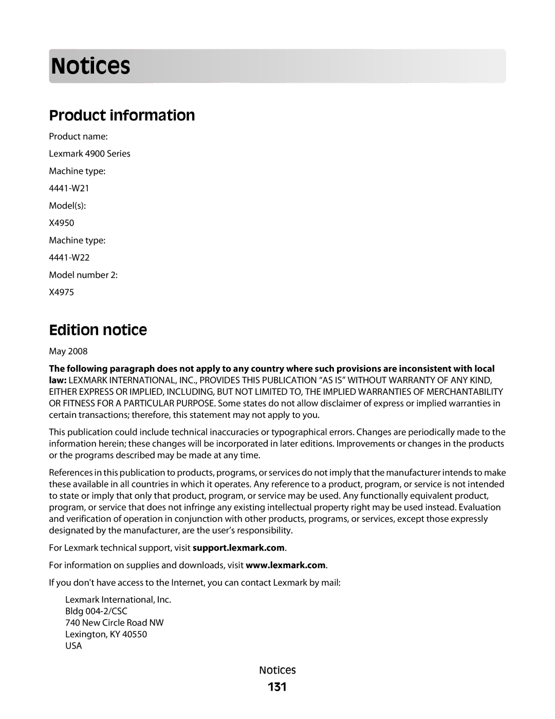 Lexmark 4900 Series manual Product information, Edition notice, 131 