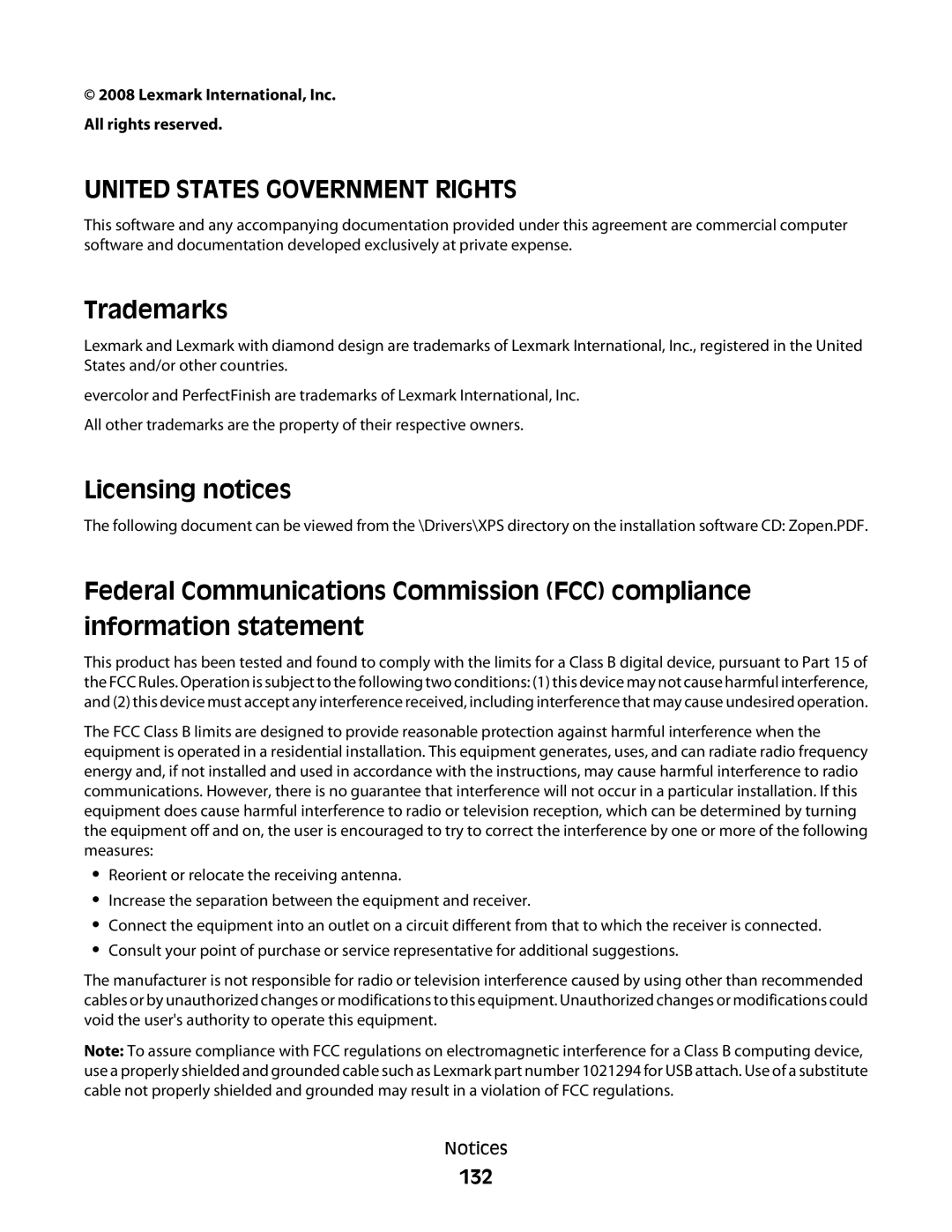 Lexmark 4900 Series manual Trademarks, 132, Lexmark International, Inc. All rights reserved 