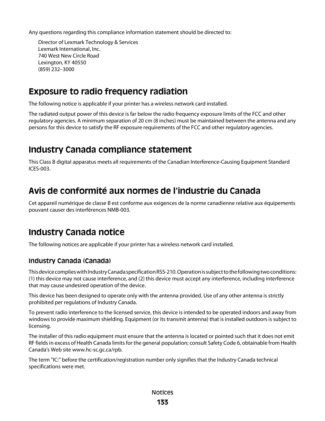 Lexmark 4900 Series Exposure to radio frequency radiation, Industry Canada compliance statement, Industry Canada notice 