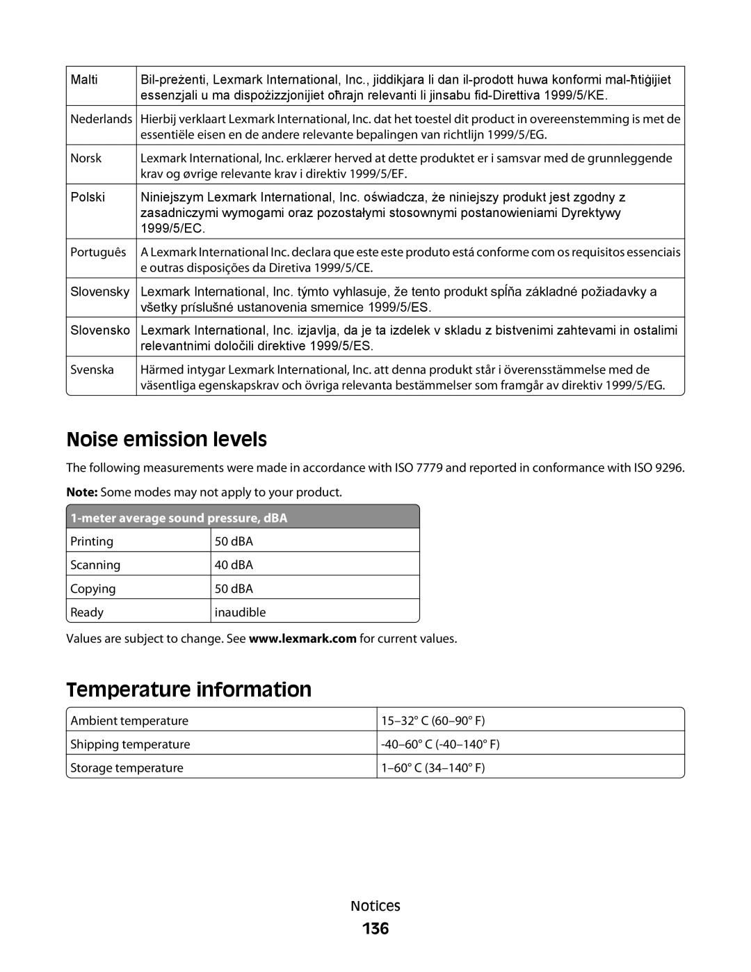 Lexmark 4900 Series manual Noise emission levels, Temperature information, 136 