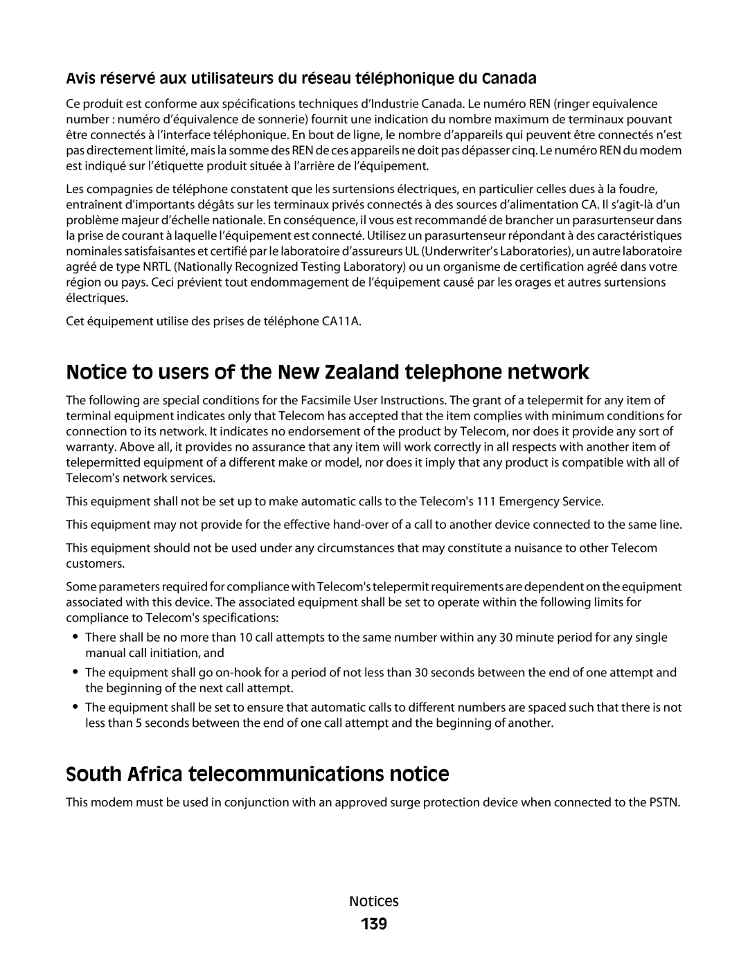 Lexmark 4900 Series manual South Africa telecommunications notice, 139 