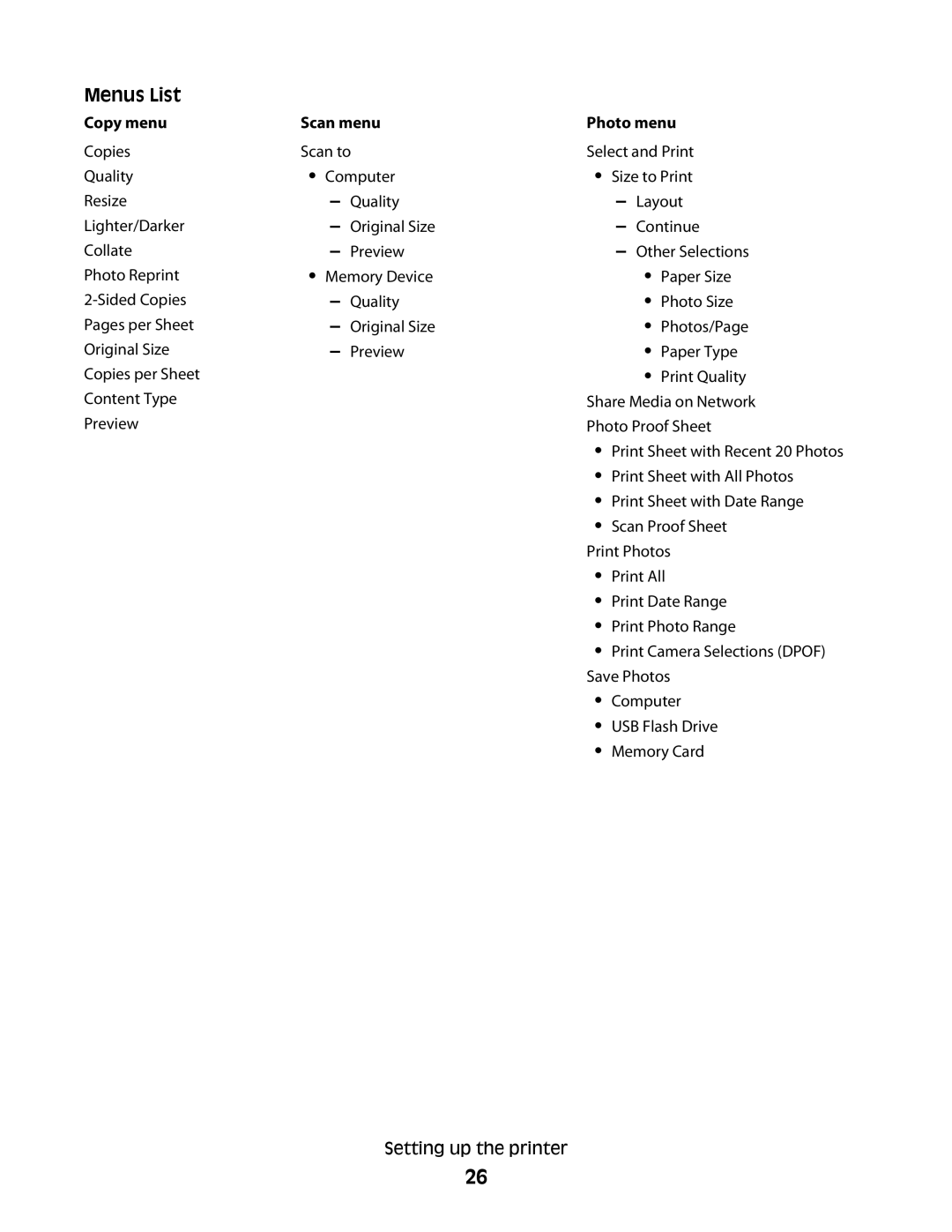 Lexmark 4900 Series manual Menus List, Copy menu, Scan menu Photo menu 