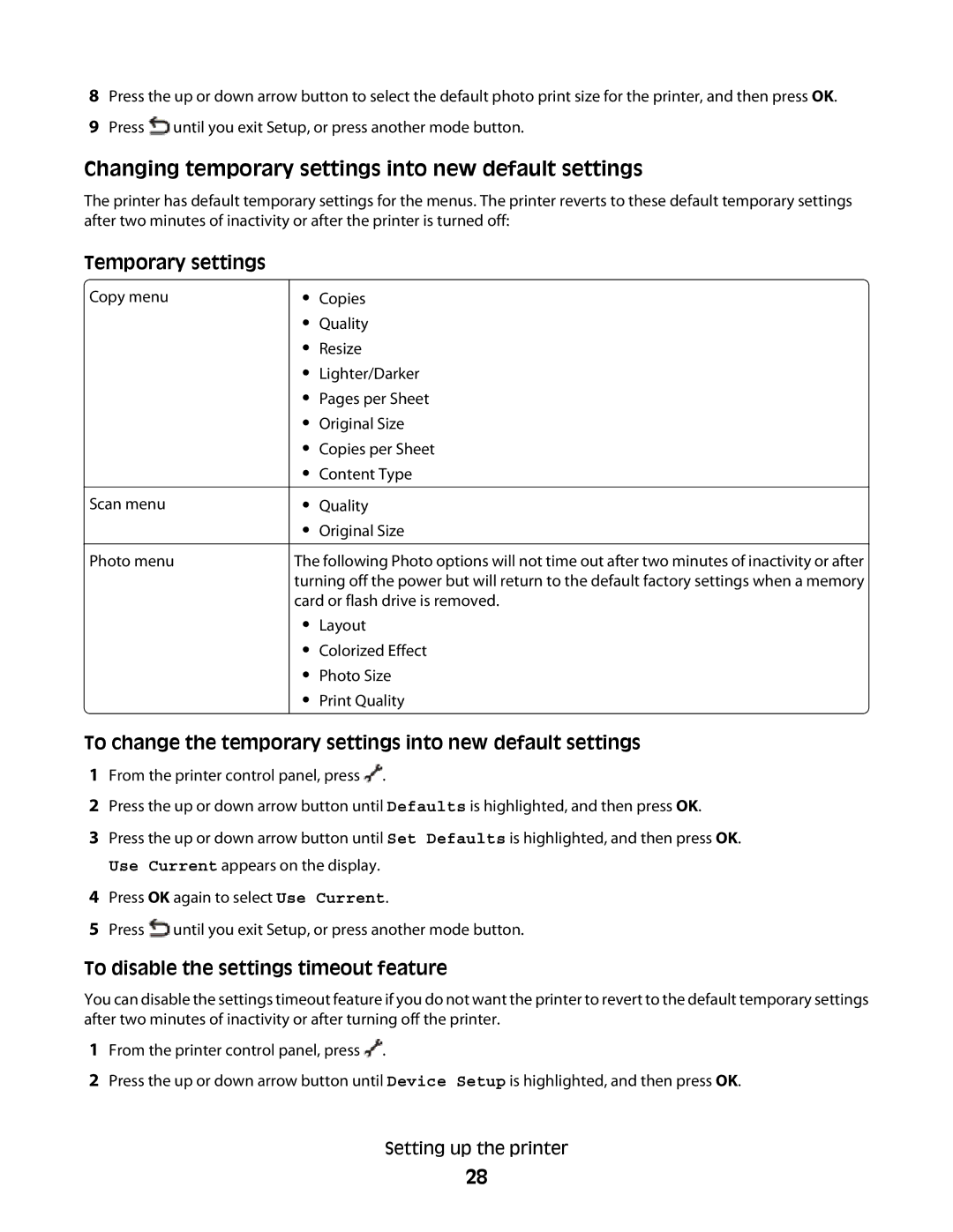 Lexmark 4900 Series manual Changing temporary settings into new default settings, Temporary settings 