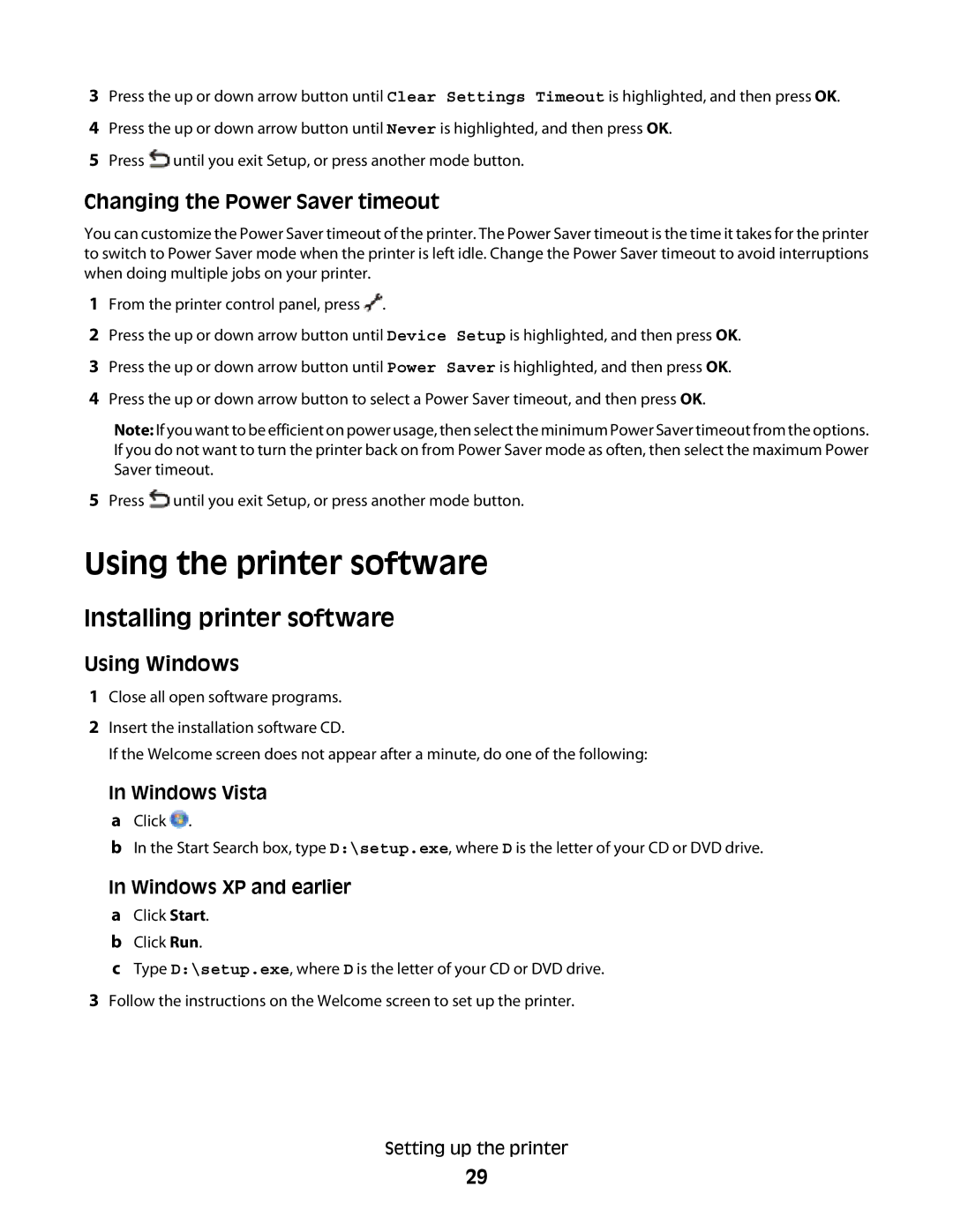 Lexmark 4900 Series manual Using the printer software, Installing printer software, Changing the Power Saver timeout 