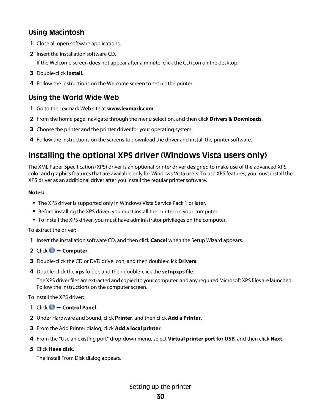 Lexmark 4900 Series Installing the optional XPS driver Windows Vista users only, Using Macintosh, Using the World Wide Web 
